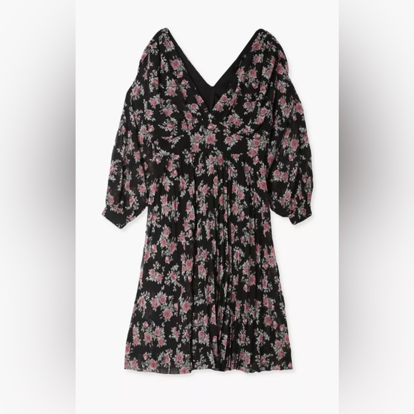 NWT BooHoo Black / Pink  FLORAL PLEATED MIDI SKATER DRESS - Picture 5 of 5